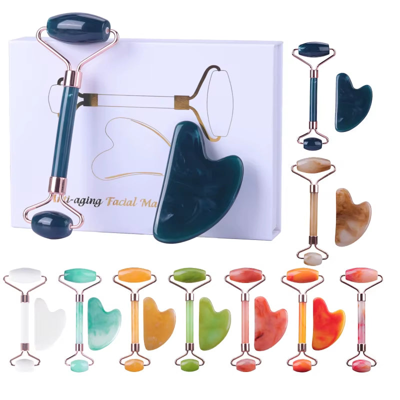 Custom anti Aging Pink Rose Natural Green Facial Jade Roller Heart Shaped Gua Sha with Jade Roller Set